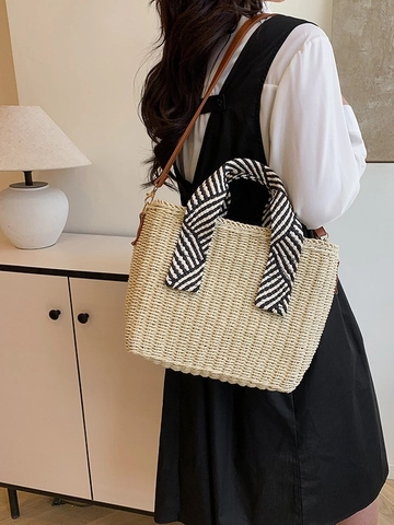 Sac Fourre-Tout en Paille Tissée pour Femmes Été Grande Capacité Sac de Plage Avec Poignée Enveloppée de Foulard et Bandoulière Amovible