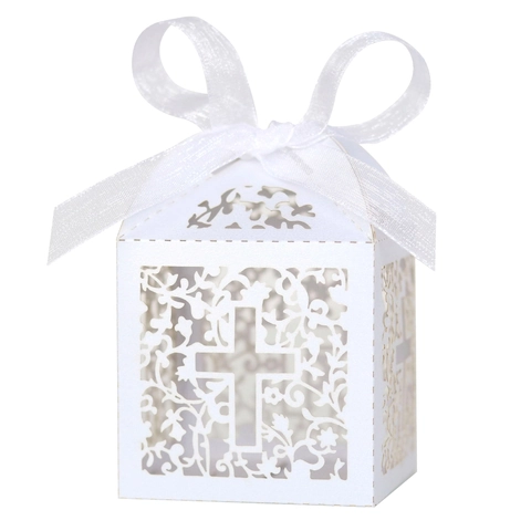 Scatole di Caramelle per Matrimonio Intagliate al Laser con Croce Incisa Eleganti Scatole Regalo per Battesimo con Nastro