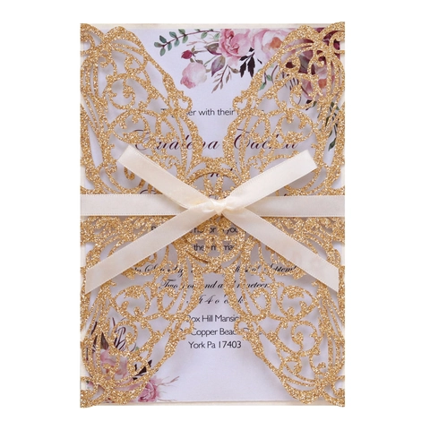 Laser Cut Butterfly Wedding Invitation Cards Set With Glitter Shell Ribbon Bow Insert Envelopes For Marriage Engagement Banquet Party