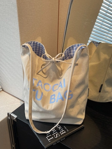 Women Large Capacity Canvas Tote Bag Korean Style Letter Print Gingham Lining Bow Tie Drawstring Shoulder Bag Casual Commuter Handbag