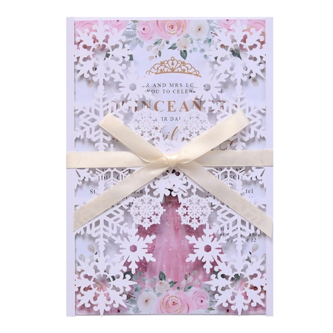 Cartes d'Invitation Élégantes Découpées au Laser Flocon de Neige Papier Perlé Invitations Creuses Avec Ruban pour Mariage Noël