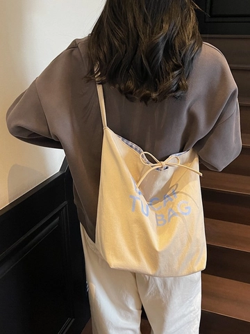 Women Large Capacity Canvas Tote Bag Korean Style Letter Print Gingham Lining Bow Tie Drawstring Shoulder Bag Casual Commuter Handbag