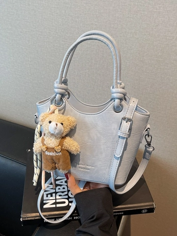 Fashion Women Crocodile Pattern PU Leather Bucket Bag Korean Style Small Crossbody Handbag With Plush Bear Charm