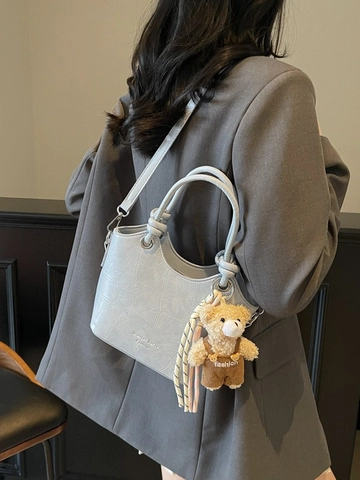 Fashion Women Crocodile Pattern PU Leather Bucket Bag Korean Style Small Crossbody Handbag With Plush Bear Charm