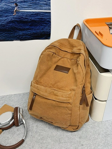 Vintage Canvas Backpack Large Capacity Student School Bag For Teens Minimalist Solid Color Laptop Bag Outdoor Travel Daypack