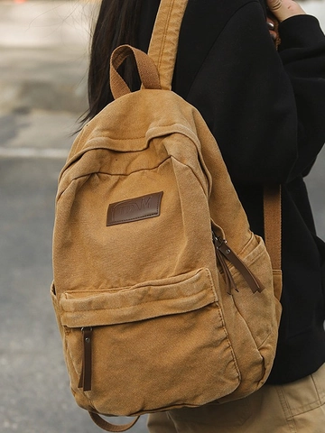 Vintage Canvas Backpack Large Capacity Student School Bag For Teens Minimalist Solid Color Laptop Bag Outdoor Travel Daypack