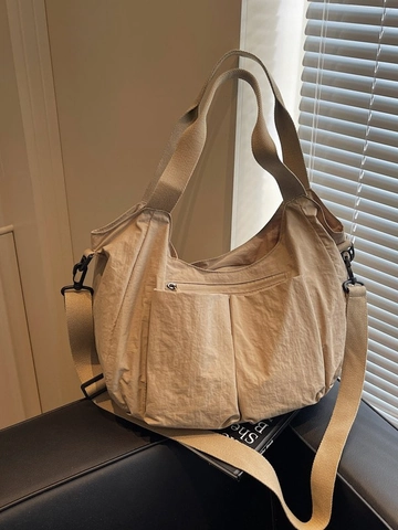 Women Large Capacity Pleated Cloth Tote Bag Casual Lightweight Crossbody Shoulder Bag Multi Pocket Daily Travel Handbag