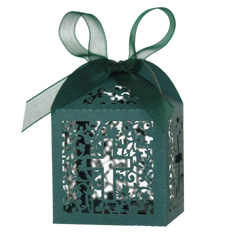 Scatole di Caramelle per Matrimonio Intagliate al Laser con Croce Incisa Eleganti Scatole Regalo per Battesimo con Nastro
