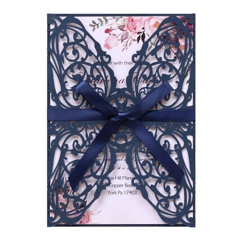 Elegant Laser Cut Butterfly Wedding Invitation Pearl Paper Hollow Out Card With Bowknot Floral Print Inner Page Envelope