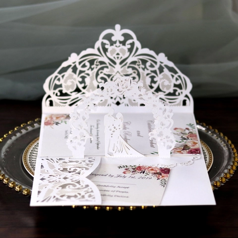 3D Pop-up Hochzeitseinladungskarten Laser Geschnitten Hohl Floral Paar Silhouette Europäische Luxus Ehe Verlobung Grußkarten