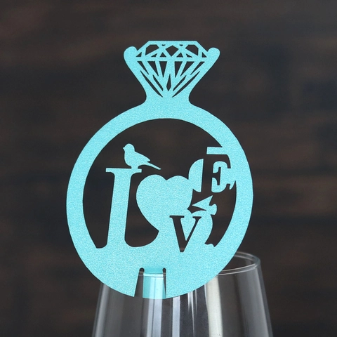 Laser Cut Heart LOVE Diamond Ring Wine Glass Cards Pearlescent Paper Decoration For Wedding Party Valentine Table Decor