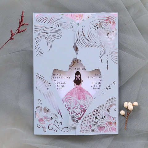 European Style Laser Cut Wedding Invitation Cards Romantic Couple Silhouette Rose Pearl Paper Greeting Cards For Engagement Party