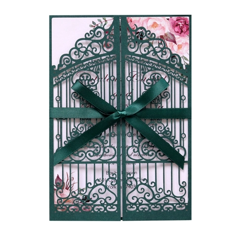 Invitations de Mariage en Papier Perlé de Style Européen Découpage Laser Design de Porte Cartes de Vœux Avec Nœud en Satin