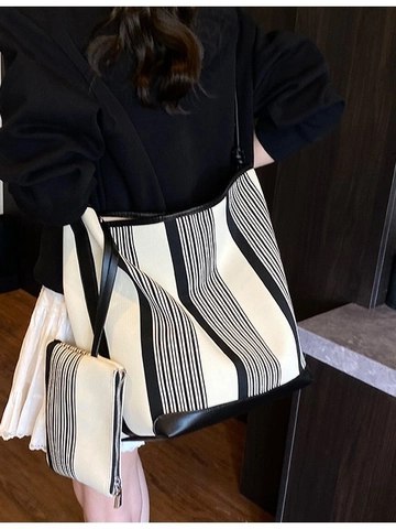 Women Large Capacity Striped Tote Bag With Small Pouch Minimalist Vertical Stripe PU Leather Commuter Shoulder Handbag