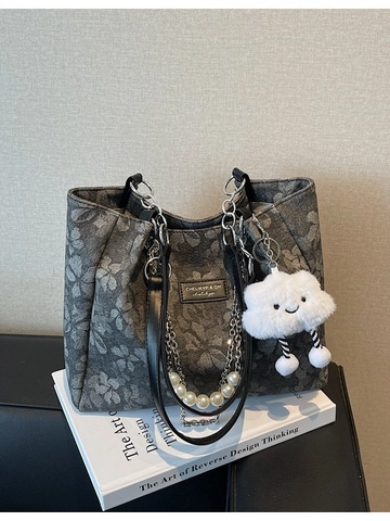 Women Large Capacity Tote Bag PU Leather Floral Print Shoulder Bag With Pearl Chain Metal Decor Plush Cloud Charm Commute Bag