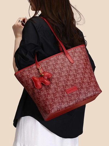 Vintage Chinese Auspicious Cloud Embroidery Tote Bag For Women Red Wedding Large Capacity Shoulder Bag With Dog Charm