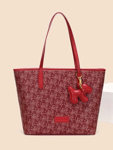 Vintage Chinese Auspicious Cloud Embroidery Tote Bag For Women Red Wedding Large Capacity Shoulder Bag With Dog Charm