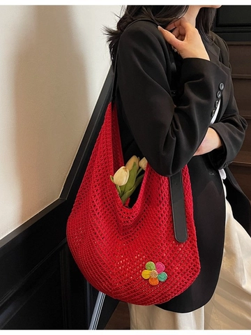Bolso de Hombro de Punto de Gran Capacidad para Mujer Bolso Tote Tejido Calado Bolso de Playa para Vacaciones Con Decoración de Flores Bolso Hobo Casual