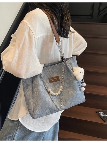 Women Large Capacity Tote Bag PU Leather Floral Print Shoulder Bag With Pearl Chain Metal Decor Plush Cloud Charm Commute Bag