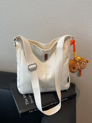 Women Casual Canvas Bucket Crossbody Bag With Plush Bear Pendant Minimalist Large Capacity Single Shoulder Tote Bag Student Messenger Bag