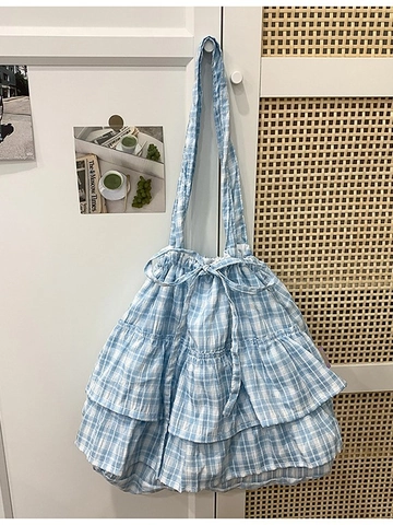 Women Sweet Canvas Ruffle Tiered Tote Bag Plaid Checkered Drawstring Bow Shoulder Bag Daily Casual Lightweight Large Bag