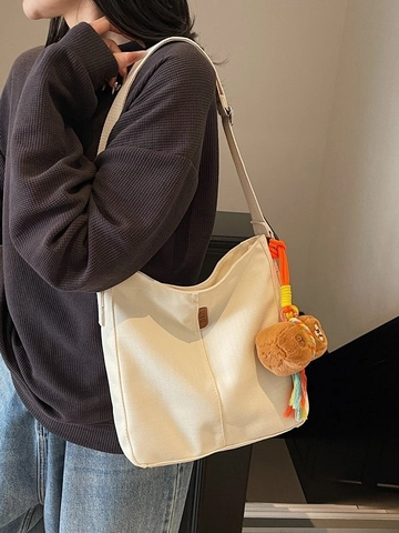 Women Casual Canvas Bucket Crossbody Bag With Plush Bear Pendant Minimalist Large Capacity Single Shoulder Tote Bag Student Messenger Bag