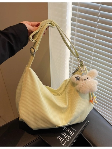 Borsa Tote in Tela a Grande Capacità da Donna Semplice Versatile Borsa a Spalla Casual con Ciondolo Coniglio di Peluche