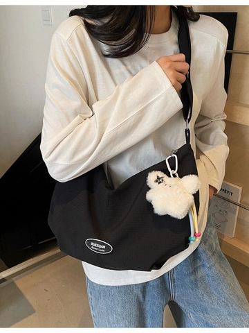Borsa Tote in Tela a Grande Capacità da Donna Semplice Versatile Borsa a Spalla Casual con Ciondolo Coniglio di Peluche