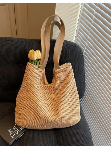 Bolso Tote de Paja Tejida de Gran Capacidad para Mujer Vacaciones en la Playa Bolso de Hombro Minimalista Casual de Compras