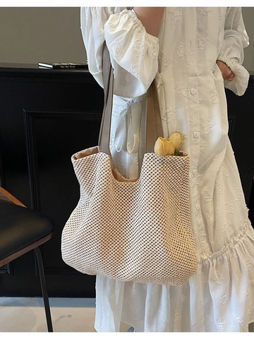 Bolso Tote de Paja Tejida de Gran Capacidad para Mujer Vacaciones en la Playa Bolso de Hombro Minimalista Casual de Compras