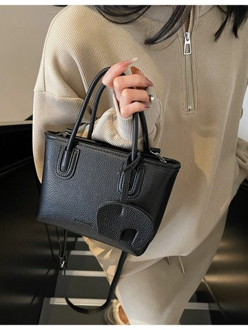 Women Litchi Pattern Synthetic Leather Handbag With Elephant Charm Fashion Small Square Shoulder Bag Simple Crossbody Tote Bag