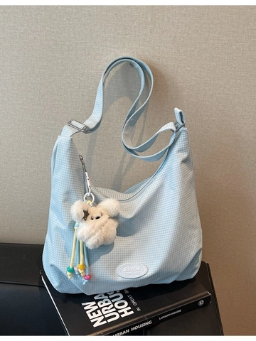Women Large Capacity Canvas Hobo Bag Gingham Check Pattern Crossbody Shoulder Bag With Cute Plush Charm Casual Daily Bag