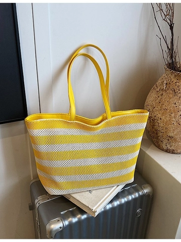 Women Large Capacity Woven Stripe Tote Bag PU Leather Handle Horizontal Striped Shoulder Bag Vacation Beach Commuter Handbag