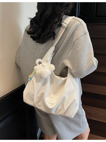 Women Large Capacity Canvas Hobo Bag Gingham Check Pattern Crossbody Shoulder Bag With Cute Plush Charm Casual Daily Bag