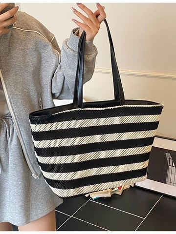 Women Large Capacity Woven Stripe Tote Bag PU Leather Handle Horizontal Striped Shoulder Bag Vacation Beach Commuter Handbag
