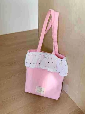 Borsa Tote in Tela Grande Capacità Giapponese Dolce Pois Pieghettata Borsa a Spalla Versatile Pendolare Quotidiana Donna