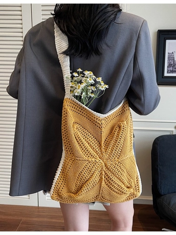Bolso Tote de Paja Tejido a Mano para Mujer Flor Cuadrada Calada Borla Bolso de Hombro Casual Artístico Playa Vacaciones