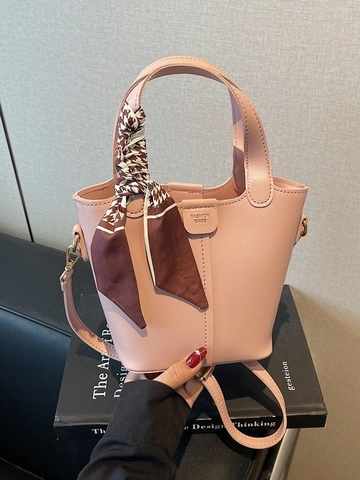 Women Fashion PU Leather Bucket Bag Vintage High-End Crossbody Bag Versatile Handbag With Satin Scarf Decor Shoulder Bag