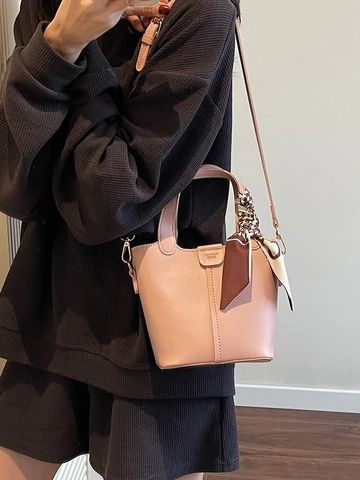 Women Fashion PU Leather Bucket Bag Vintage High-End Crossbody Bag Versatile Handbag With Satin Scarf Decor Shoulder Bag