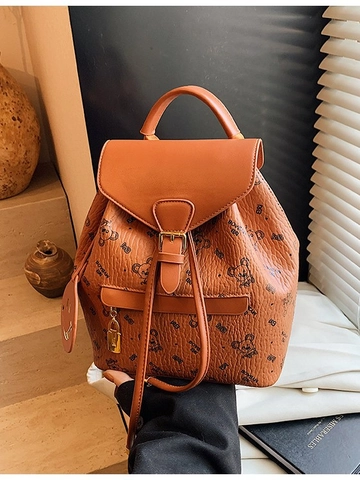 Sac à Dos Femme Mode Impression Ours Dessin Animé en Cuir PU Grande Capacité avec Charme Sourire pour Voyage Quotidien