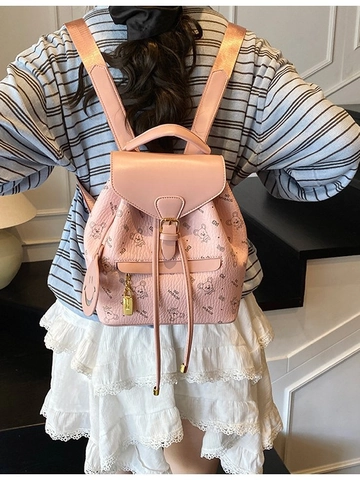 Sac à Dos Femme Mode Impression Ours Dessin Animé en Cuir PU Grande Capacité avec Charme Sourire pour Voyage Quotidien