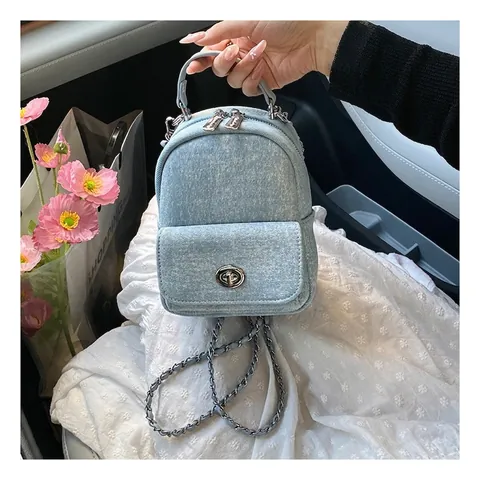 Sac à Dos Mini Mode pour Femmes en Denim Lavé et Cuir PU Petit Sac d'École avec Bandoulière en Chaîne et Fermoir Tournant