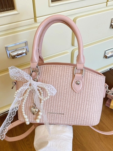 Women Woven PU Leather Bucket Bag With Lace Bow Artificial Pearl Heart Pendant Small Crossbody Handbag Summer Sweet Style
