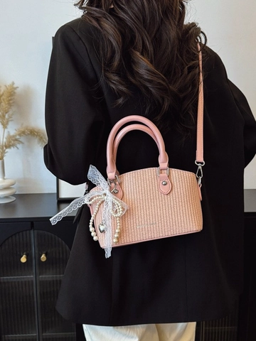 Women Woven PU Leather Bucket Bag With Lace Bow Artificial Pearl Heart Pendant Small Crossbody Handbag Summer Sweet Style
