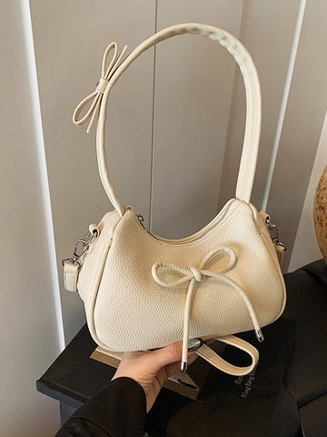 Bolso Bandolera de Cuero PU con Lazo para Mujer Moda Textura de Lichi Bolso Hobo Elegante Color Sólido Bolso de Hombro Diario