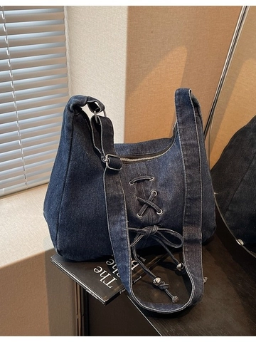 Sac Hobo en Denim Délavé Rétro Sac Fourre-tout Grande Capacité pour Femme Avec Laçage Corset Nœud Sac à Bandoulière Réglable