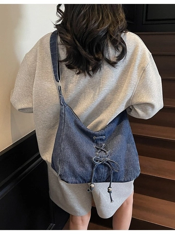 Sac Hobo en Denim Délavé Rétro Sac Fourre-tout Grande Capacité pour Femme Avec Laçage Corset Nœud Sac à Bandoulière Réglable