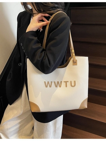 Bolso Tote de Cuero PU de Gran Capacidad para Mujer Bolso de Hombro Retro para Ir al Trabajo Color en Contraste Letra Bolso Minimalista