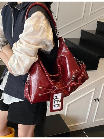 Women Large Capacity PU Leather Tote Bag Braided Handle Retro Hobo Shoulder Bag Commute Solid Color Crossbody Bag