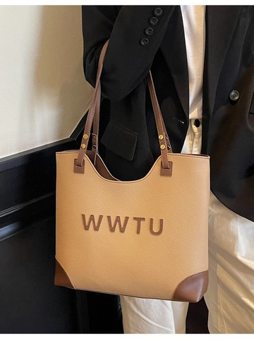 Bolso Tote de Cuero PU de Gran Capacidad para Mujer Bolso de Hombro Retro para Ir al Trabajo Color en Contraste Letra Bolso Minimalista